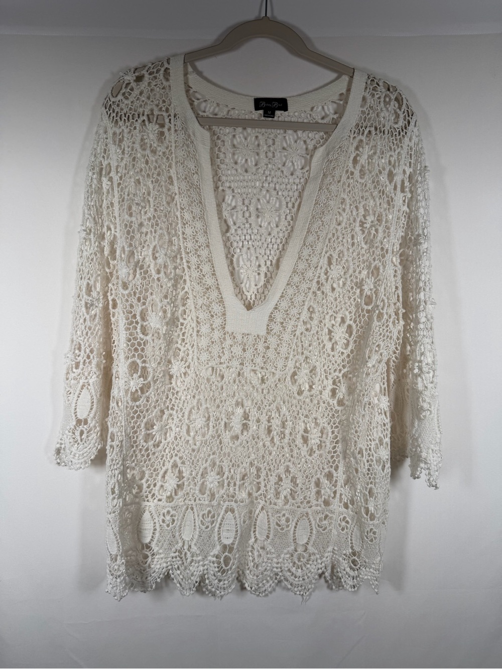 White Open-Knit V-Neck Crochet Overlay Tunic Boho, Fairy, Cottage, Floral